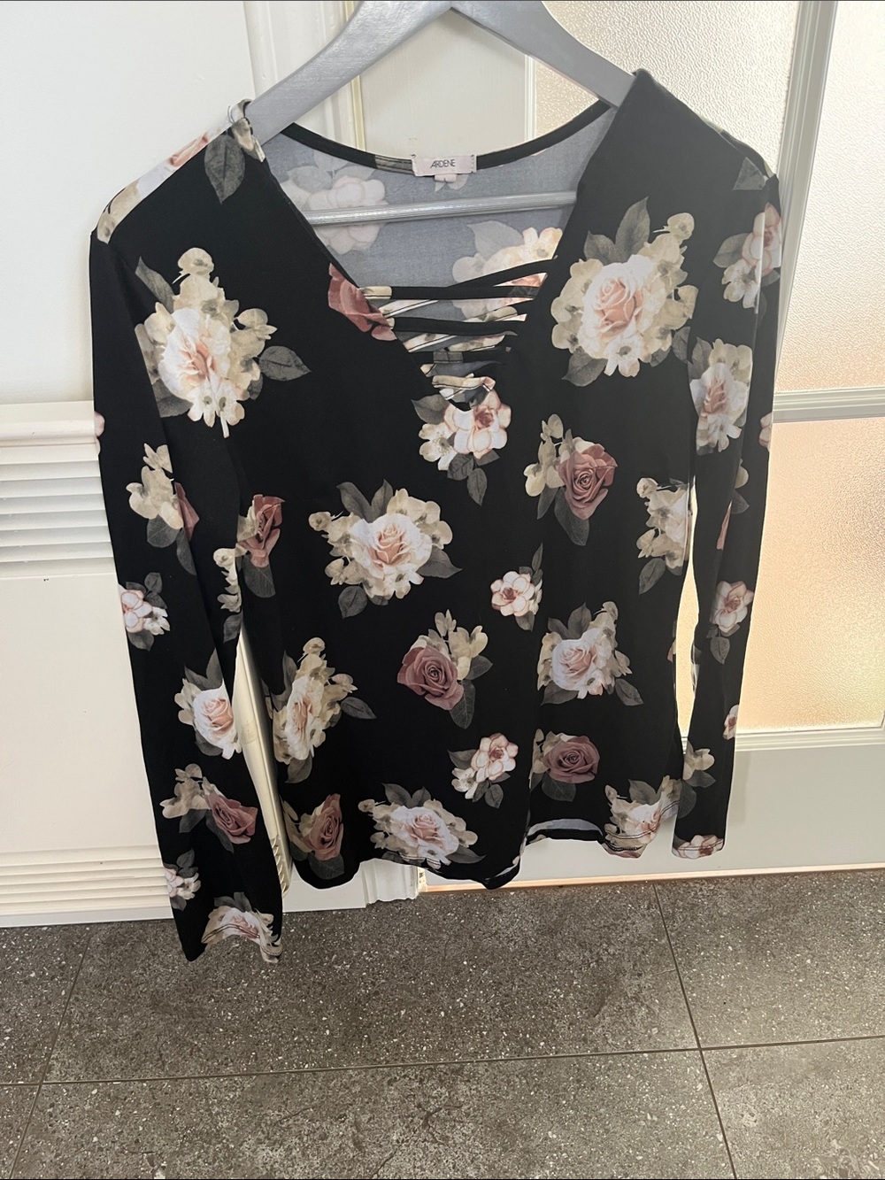 Ardene Black Floral Lace-Up V-Neck Long Sleeve Top